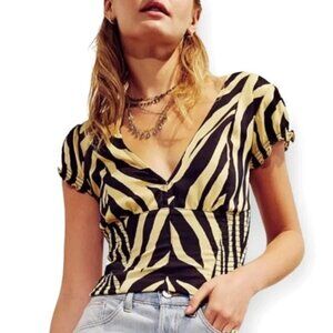 Free People Beige & Black Zebra / Animal Print V-neck Short Sleeve Crop Top S